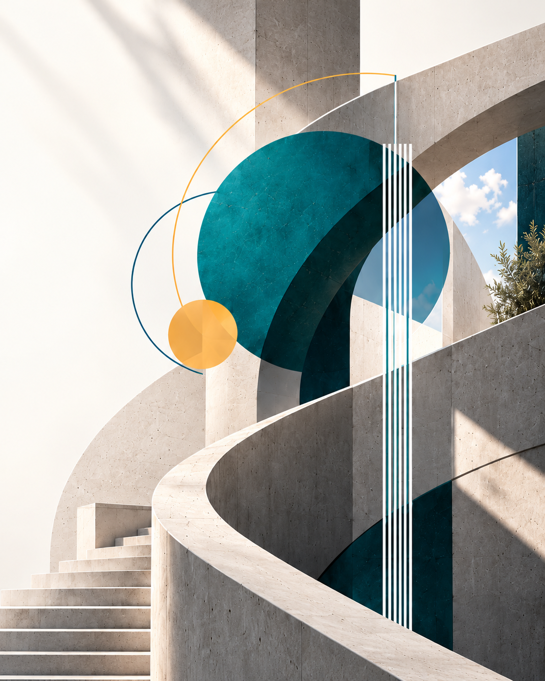 Sunlit sculptural architecture with teal and golden PaperDrops brand details